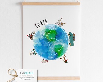 Kids Earth Poster, Nursery Decor, Earth Day Classroom Wall Art, Toddler Bedroom, And Playroom Watercolor Digital Prints - 01 PO2