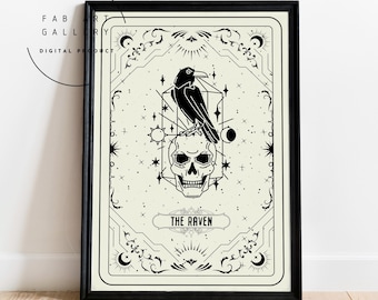 The Raven, Tarot Poster, Halloween Decor, Spooky Wall Art, Black Crow And Skull Print, Digital Download Print, Halloween Poster - ID04 06