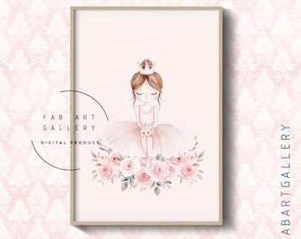 Poster ballerina, stampa da parete per cameretta neonata, principessa ballerina, bouquet di rose, decorazione rosa per la cameretta, dipinto ad acquerello di rose - ID005 S04