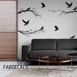 Ravens On Branches Wall Decals, Gothic Wall Decor, Black Crow Stickers, Black Birds, Winter Branches, Halloween Decoration - ID703