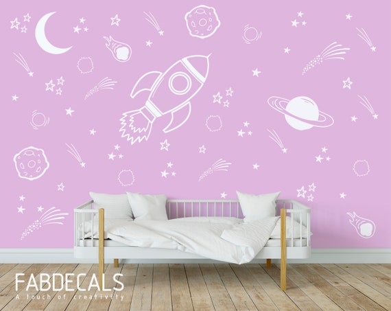 Space Wall Decal Girls Room Decor Outer Space Decor Rocket Decal Space Themed Room Planets Wall Decal Id288