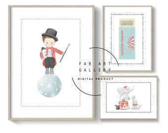 Circus Posters, Set Of 3 Prints, Circus boy, Animals, Ticket, Baby Boy Nursery Decor, Boy's Bedroom Wall Decor, Pastel Colors - ID06 13 S3
