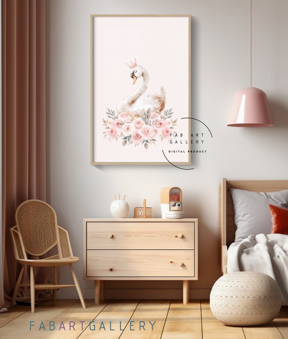 Princess Swan Poster, Pink Rose Bouquet Print, Watercolor Nursery Wall Decor, Baby Girl Pink Room Decor, Coquette Room Decor - ID04 S04