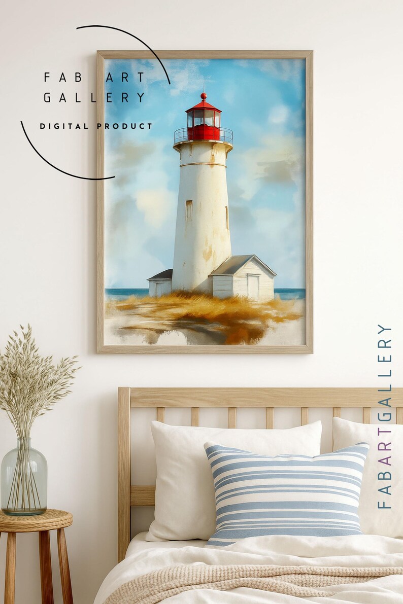 May include: A framed digital print of a lighthouse. The lighthouse is white with a red top, set against a blue sky with clouds. The print is labeled "FAB ART GALLERY DIGITAL PRODUCT". The print is displayed above a bed with pillows.