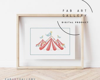 Circus Tent Poster, Nursery Decor, Boy's Bedroom Wall Art, Watercolor Print, Digital Download, Soft Colors Baby Boy Wall Print - ID21 03