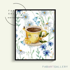 Teetasse, Aquarell Poster, Esszimmer Dekoration, Coffee Shop, Bar Dekor, Bilder Digitale Kunst, Vintage Blumendruck - ID03 07