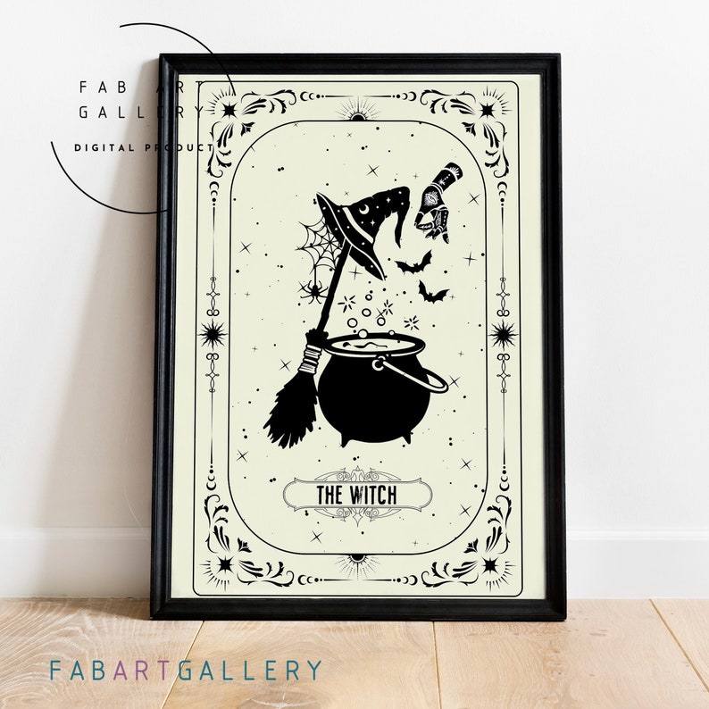 May include: Black and white illustration of a witch's cauldron with a broom, hat, and bats. The text "THE WITCH" is below the cauldron.