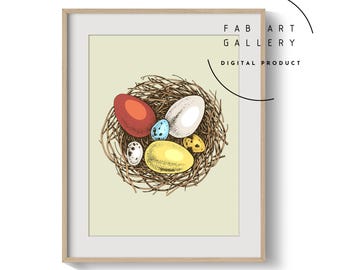 Bird Nest Easter Poster, Living Room Wall Art, Entryway Wall Print, Easter Eggs Print, Spring Decoration, Instant Download - ID02 SE12