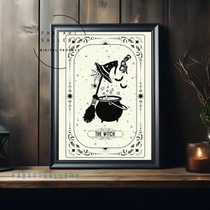 May include: Black and white illustration of a witch with a cauldron, broom, and bats. The text "THE WITCH" is below the image.