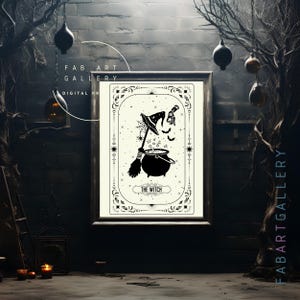 May include: Black and white illustration of a witch's cauldron with a bubbling potion, a broom, and a witch's hat. The text "THE WITCH" is below the cauldron.