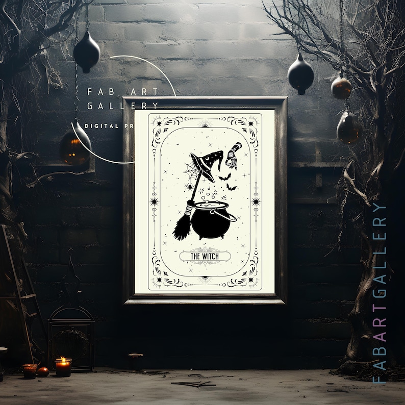 May include: Black and white illustration of a witch's cauldron with a bubbling potion, a broom, and a witch's hat. The text "THE WITCH" is below the cauldron.