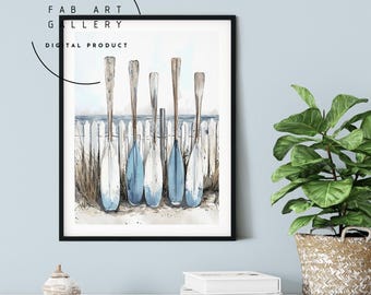 Paddles Poster, Coastal Living Room Decor, Nautical Bedroom Art, Oar Digital Download Print, Lake house Painting, Beach House Wall Art 38 08