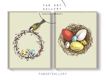 Set Of 2 Easter Posters, Living Room Wall Art, Entryway Wall Print, Nest With Eggs Print, Feathers Poster, Spring Decoration - ID02 112 S2