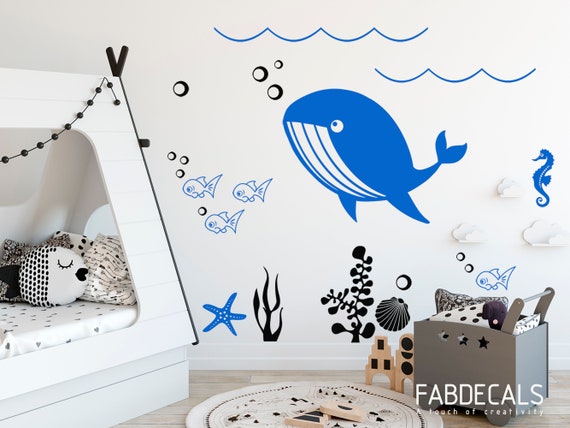 Ocean Wall Decal Kids Room Decor Underwater World Whale Fish Seaweed Starfish Sea Horse Shell Bubbles Waves Id271
