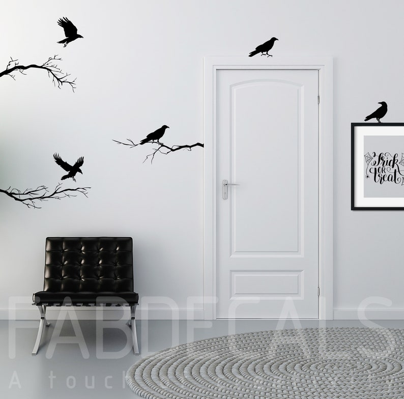 Black Crows And Winter Branches Vinyl Wall Decals, Halloween Decororation, Raven silhouette Gothic Home Decor, Black Bird ID703 image 4