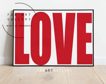 Love Typography Red Poster, Bedroom Wall Decor, Valentine's Day Print, Home Office Love Print, Printable Poster, Valentine Decor - ID03 09