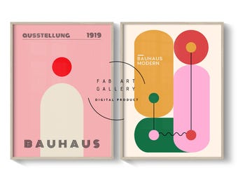 Bauhaus Art, Set Of 2 Living Room Posters, Mid-Century Modern, Pink Bedroom Decor, Geometric Wall Art, Home Office Bright Poster ID03 18 S2