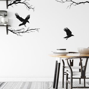 Black Crows And Winter Branches Vinyl Wall Decals, Halloween Decororation, Raven silhouette Gothic Home Decor, Black Bird ID703 image 2