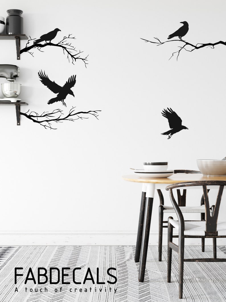 Black Crows And Winter Branches Vinyl Wall Decals, Halloween Decororation, Raven silhouette Gothic Home Decor, Black Bird ID703 image 2