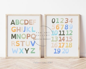 Set Of 2 Learning Posters, Pastel Colors Alphabet And Numbers, Kid&#39;s Room Decor, Toddlers Learning, Preschool Printable - ID01 S12 S2