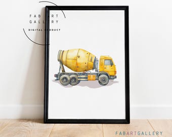 Concrete Truck Poster, Heavy Construction Equipment Watercolor Print, Boy Room Art, Playroom Wall Decor, Toddlers Room Art - ID12 03