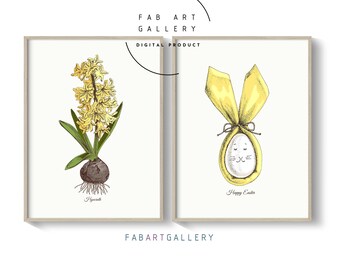 Hyacinth & Rabbit Egg Posters, Set Of 2 Prints, Flower Art, Spring Living Room Wall Decor, Entryway Easter Print, Instant Download 03 112 S2