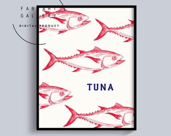 Tuna Fish Poster, Kitchen Wall Art, Dining Room Decor, Coffee Shop Poster, Digital Art, Fish Print, Hand Drawing, Coastal Home Decor ID04 07