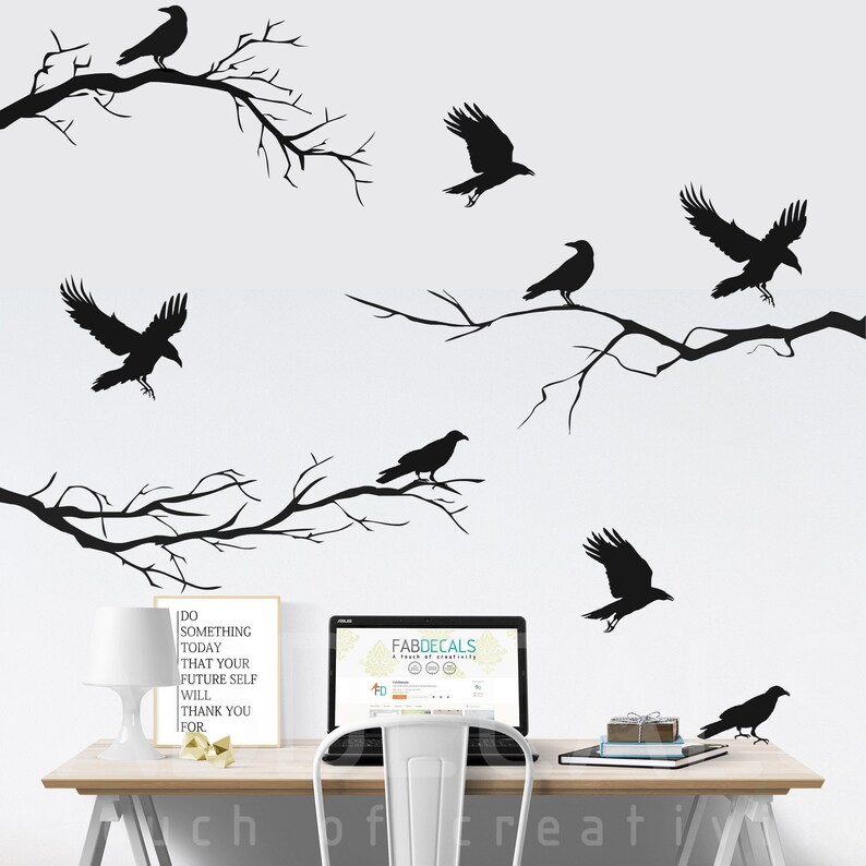 Black Crows And Winter Branches Vinyl Wall Decals, Halloween Decororation, Raven silhouette Gothic Home Decor, Black Bird ID703 image 1
