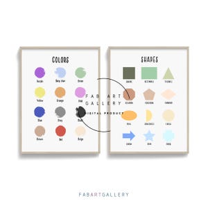 2er Set Lernposter, Formen und Farben, Kinderzimmerdekor, Kleinkinder lernen, Vorschule druckbar, Pastellfarben druckbar - ID03 S11 S2