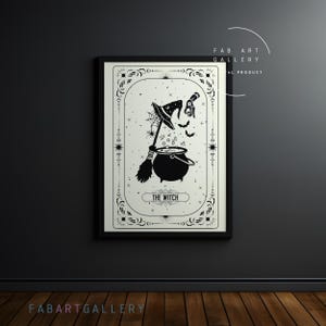 May include: Black and white illustration of a witch with a cauldron, broom, and hat. The illustration is framed in a decorative border and includes the text "The Witch".