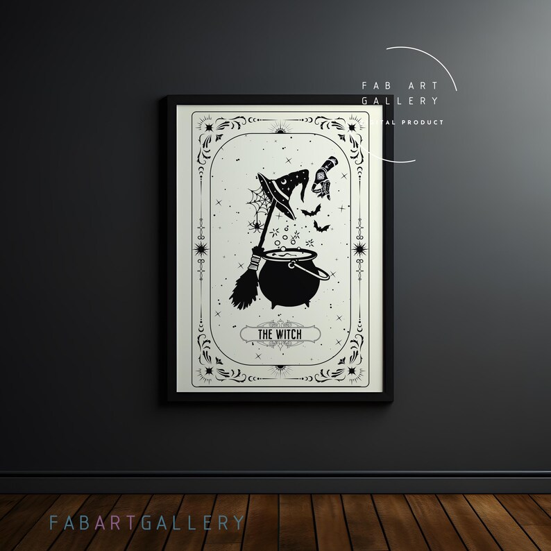 May include: Black and white illustration of a witch with a cauldron, broom, and hat. The illustration is framed in a decorative border and includes the text "The Witch".