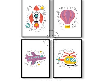 Set Of 4 Aircraft Posters, Airplane, Spaceship, Hot Air Balloon, Helicopter Print, Kid's Room, Nursery Decor, Digital Download - ID03 13 S4