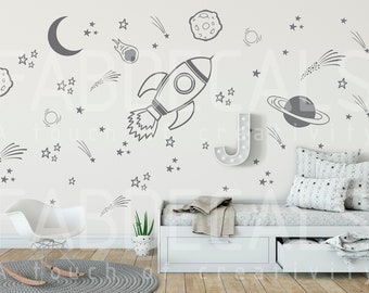 Space Vinyl Wall Decals, Space Themed Kid's Room Decor, Outer Space Wall Stickers, Planets, Rocket Ship, Stars Nursery Decor - ID288