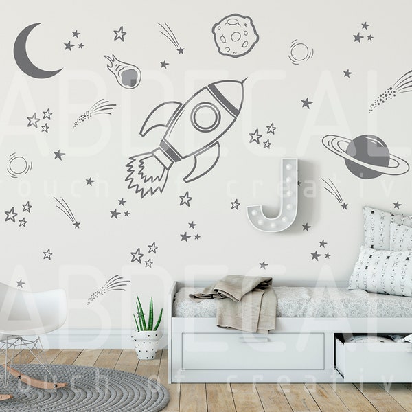 Space Vinyl Wall Decals, Space Themed Kid's Room Decor, Outer Space Wall Stickers, Planets, Rocket Ship, Stars Nursery Decor - ID288