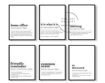Set Of 6 Funny Definition Posters, Home Office Prints, Black And White Printable Typography, Office Gallery Wall, Digital Download ID2 12 S6