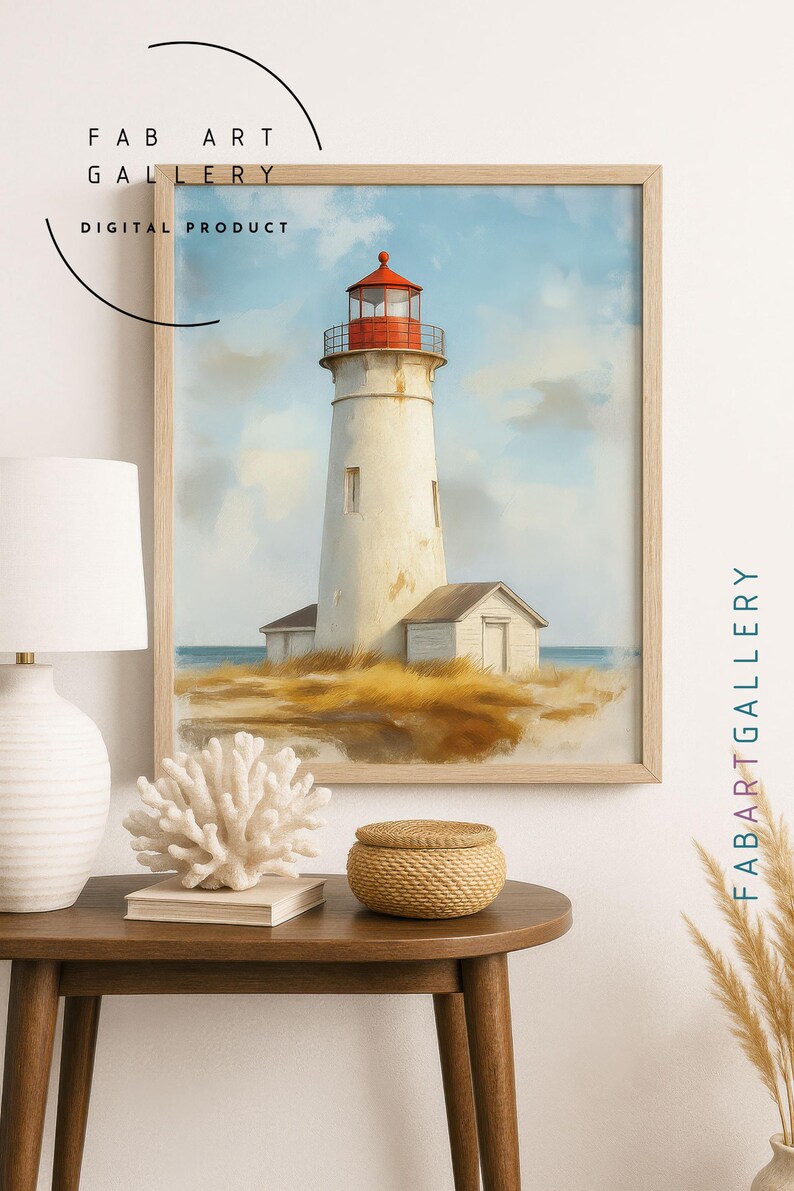 May include: A framed digital art print of a lighthouse. The lighthouse is white with a red top, set against a blue sky and ocean. The artwork is labeled "FAB ART GALLERY DIGITAL PRODUCT".