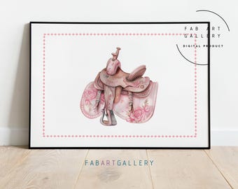 Saddle Poster, Girl Room Decor, Baby Girl Nursery Wall Art, Soft Colors, Horse Art, Watercolor Print, Western Decor Digital Download ID27 04
