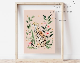 Cheetah Wall Art, Girly Floral Leopard Poster, Botanical Animal Print, Girl Bedroom Decor, Pink Tones Wall Decor, Digital Download - ID15 04