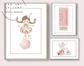 Circus Posters, Set Of 3 Prints, Circus Girl, Animals, Ticket, Baby Girl Nursery Decor, Girl Room Wall Decor, Pink Soft Colors ID08 14 S3