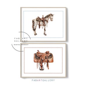 Set Of Two Posters Horse And Saddle, Boy Room Decor, Baby Boy Nursery Wall Art, Horse Lovers, Watercolor Print, Western Decor - ID11 13 S2