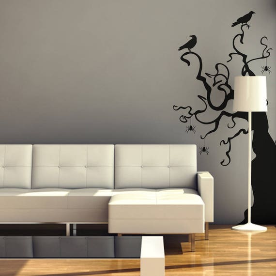 black tree wall decal halloween tree spiders crows | etsy