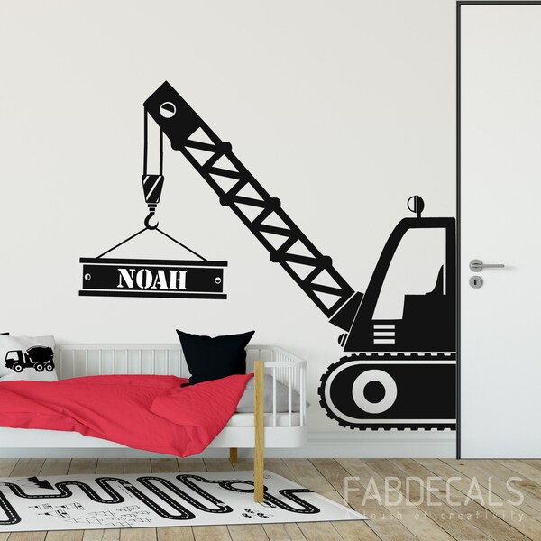 Construction Crane Vinyl Wall Decal, Personalized Name, Construction Truck, Custom Name, Kids Bedoom And Playroom Decor - ID251