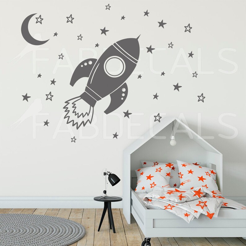 Rocket Wall Decal With Moon and Stars Kids Wall Decor Outer Etsy