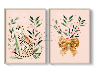 Decorazione murale con ghepardo, set di 2 poster floreali femminili con leopardo, stampa animalier, decorazione per camera da letto per bambine, decorazione murale nei toni del rosa, download digitale ID12 14 S2