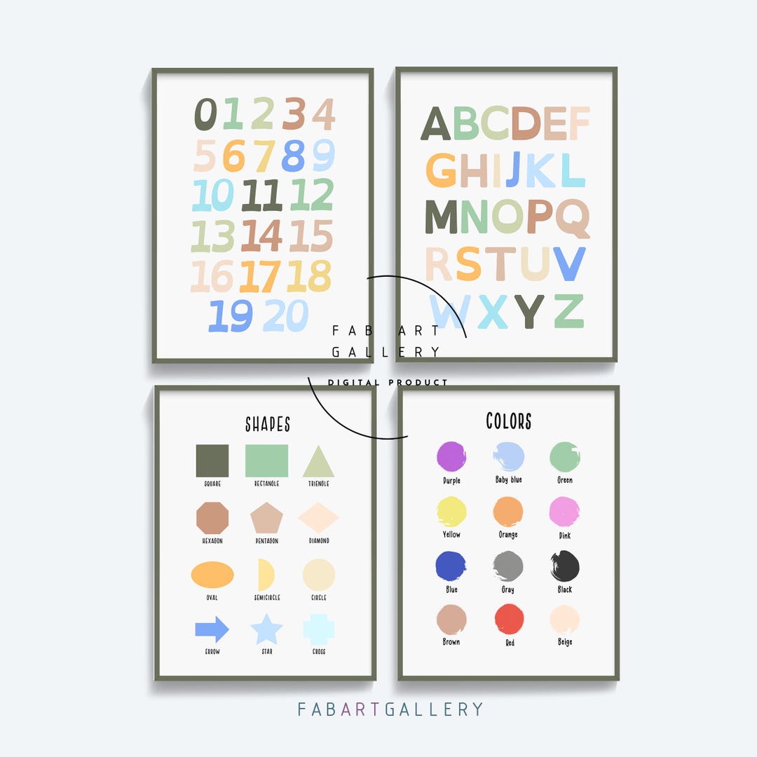 Set of 4 Educational Posters, Alphabet, Numbers, Shapes, Colors, Kid's ...