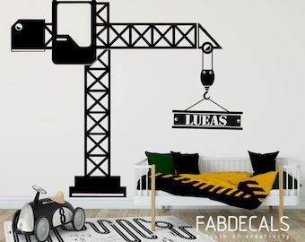 Extra Large Construction Crane Vinyl Wall Decal, Personalized Name, Kids Bedroom, Playroom Decor, Large Wall Decor - ID257