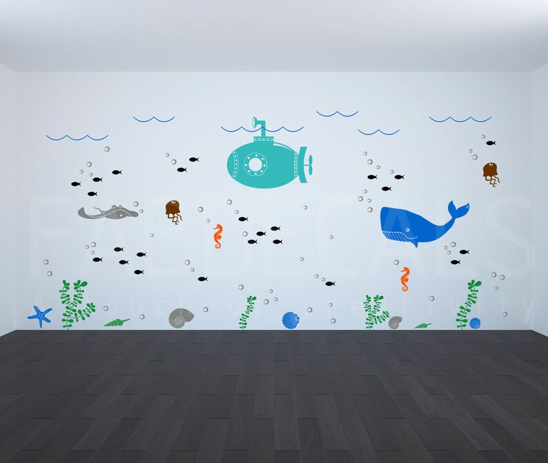 Underwater Wall Decal Large Submarine Decal Kids Bedroom Decor Ocean Wall Decal Sea Life Wall Decor Whale Shell Sea Horse Decal Id267