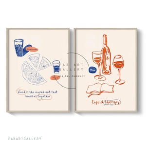 Pizza und Wein Poster, 2er Set Küchen Wandkunst, Esszimmer Dekor, Pizzeria Poster, Pizza Liebhaber Wand Dekoration, Minimalistische Drucke ID06 17 S2