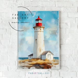May include: Digital art print of a white lighthouse with a red top, set against a blue sky with clouds. The lighthouse is on a grassy area near the ocean. The text "FAB ART GALLERY DIGITAL PRODUCT" is in the upper left corner.