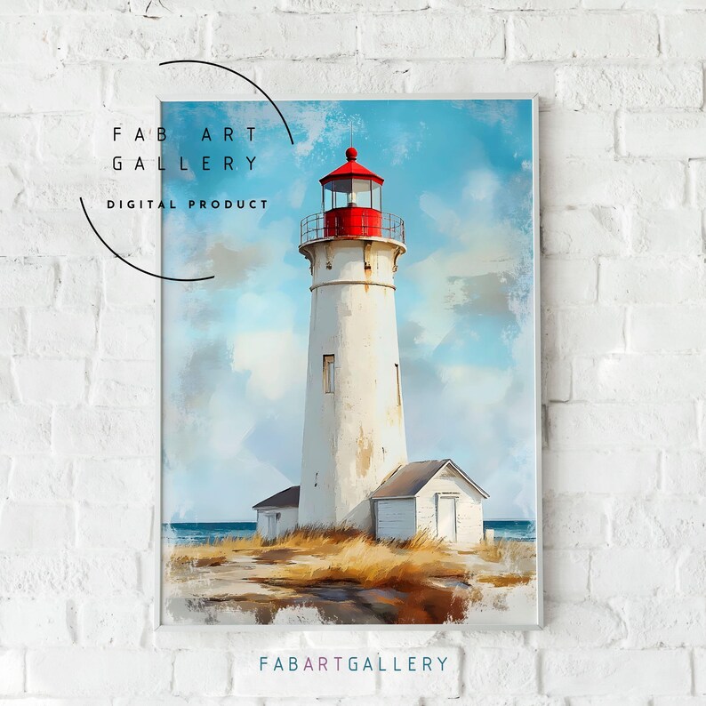 May include: Digital art print of a white lighthouse with a red top, set against a blue sky with clouds. The lighthouse is on a grassy area near the ocean. The text "FAB ART GALLERY DIGITAL PRODUCT" is in the upper left corner.